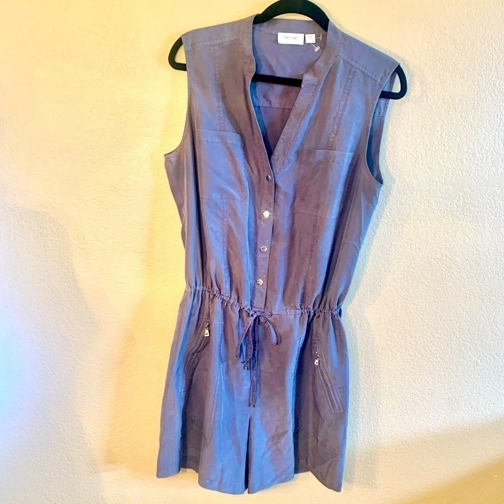 Per Se 100% Silk Romper Size 10 Carlisle Blue Grey Snap Pocket Drawstring Ties